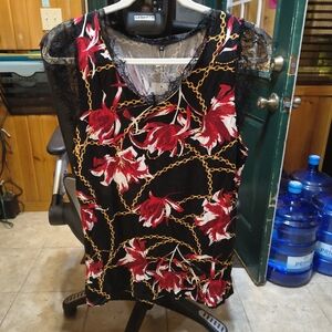 Elegant Black and Red Floral Chain Lace Blouse